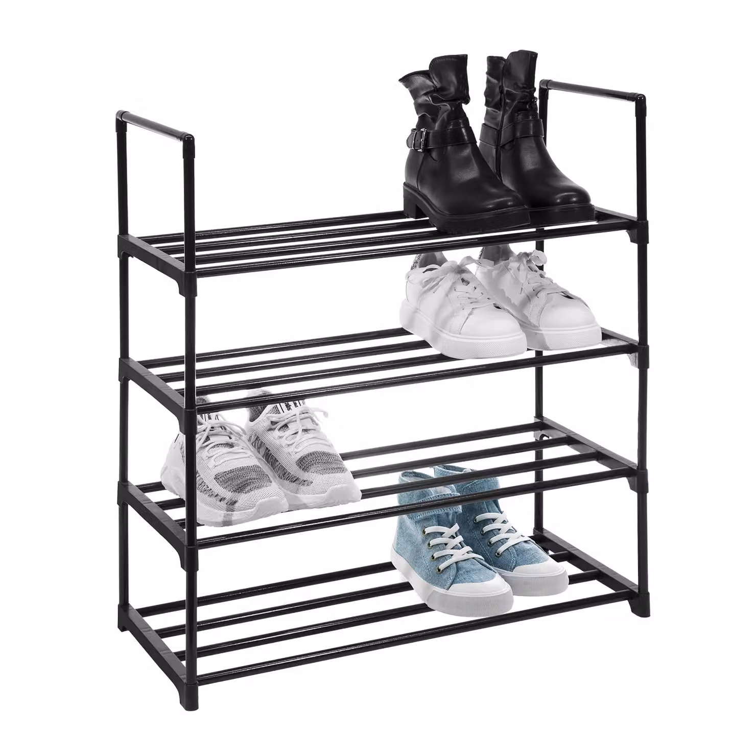 Scarpiera Salvaspazio VESTIAMO CASA con 4 Ripiani in Metallo Nero Opaco, H 72 cm x L 65,5 cm x P 29,5 cm