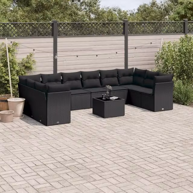 Set di divani da giardino VIDAXL a forma di U composto da 11 pezzi in polyrattan nero con cuscini inclusi