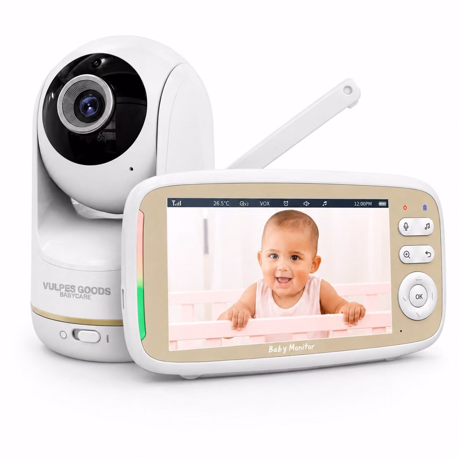 Vulpes Goods baby monitor con telecamera, baby monitor con rilevamento sonoro, schermo FULL HD da 5", telecomando, telecamera a infrarossi per visione notturna