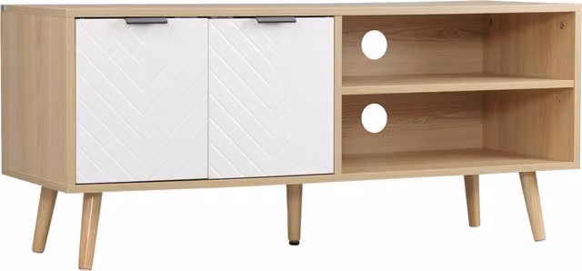 Mobile TV HOMCOM moderno in legno e truciolato bianco con 2 ripiani aperti e armadietto, L 110 cm x P 39 cm x H 48,8 cm – 1