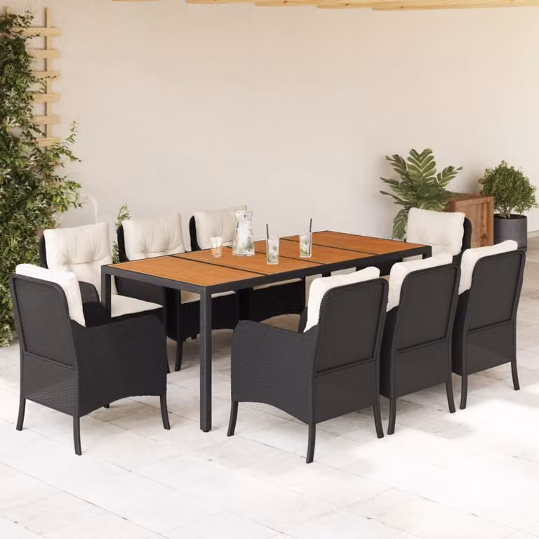 Set da pranzo da giardino vidaXL in polyrattan e legno di acacia con 9 pezzi e cuscini, nero e bianco
