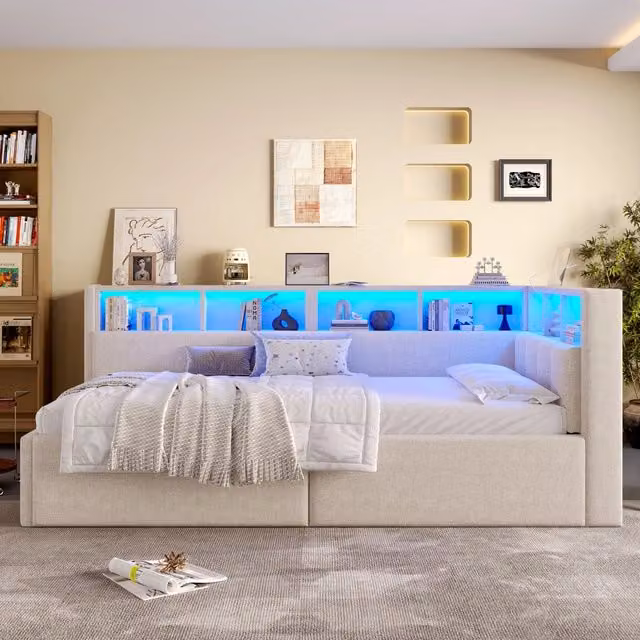 Letto singolo con contenitore Chicfurn in tessuto beige con illuminazione LED multicolore, porte USB e Type-C e mensola integrata, L/P/H: 90 x 200 x 35 cm