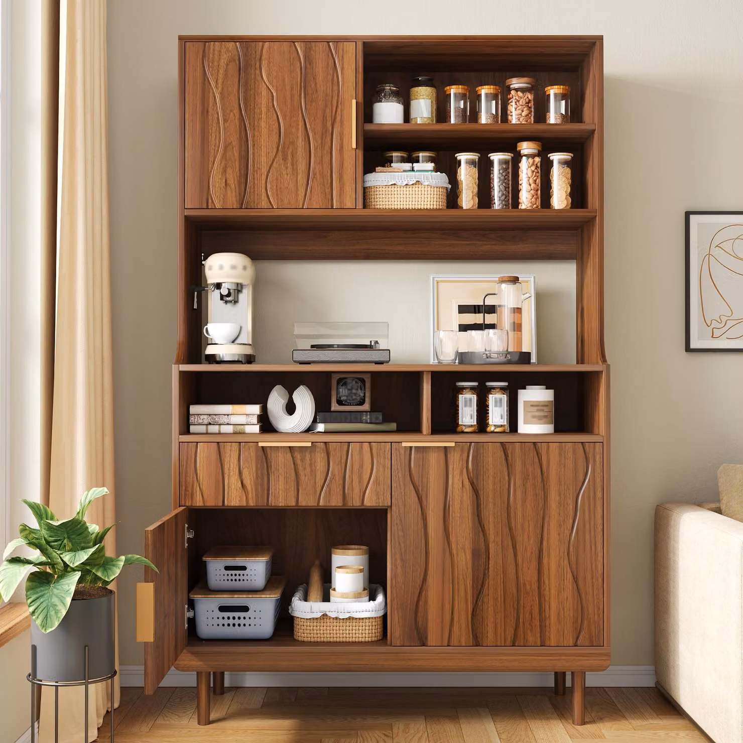Mobile contenitore laterale con cassetto e ante, pensile da cucina con ripiani aperti, mobiletto alto con gambe in legno massello, realizzato in MDF e pannelli di fibra