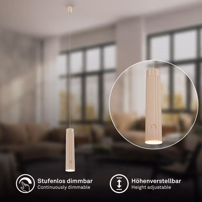 Briloner Lampada a sospensione a batteria regolabile in altezza Ø4,5x20,5 cm 3,5W 280lm 3000 K bianco caldo dimmerabile beige - Lampadario sala da pranzo cucina soggiorno