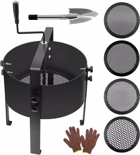 Setaccio da giardino in acciaio inossidabile Unyqoos® da 30 cm, con 4 inserti intercambiabili (3/6/9/12 mm), manovella ergonomica e braccio oscillante senza molle – ideale per setacciare terra, sabbia e compost