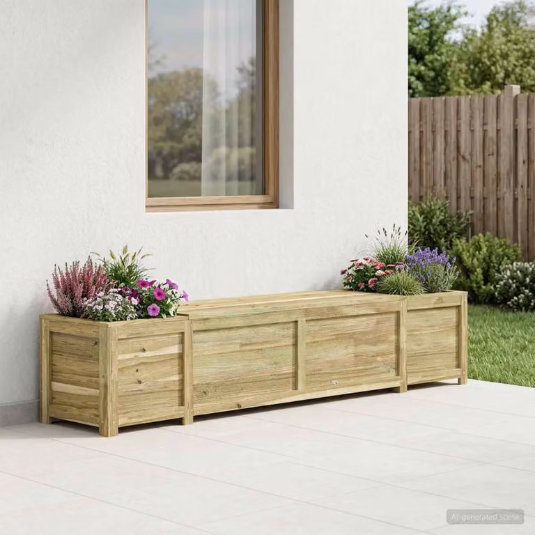 Panchina da giardino con fioriera vidaXL in legno di pino trattato, stile rustico, marrone e verde