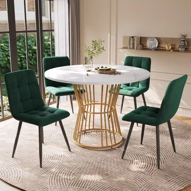 Set tavolo da pranzo rotondo 100 cm, piano MDF bianco e gambe metallo oro, con 4 sedie in velluto verde, 5 pezzi