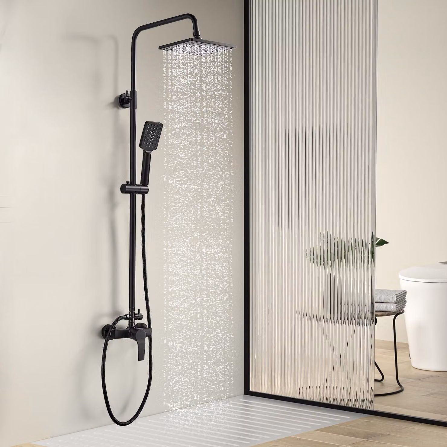 Sistema doccia nero, regolabile in altezza da 110 a 145 cm, soffione a pioggia 21x21 cm