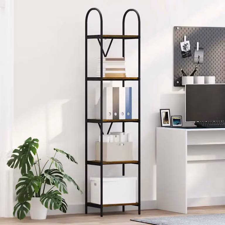 Libreria moderna vidaXL a 5 livelli in legno MDF e metallo, colore marrone e nero, L 40 cm x P 30 cm x H 183 cm