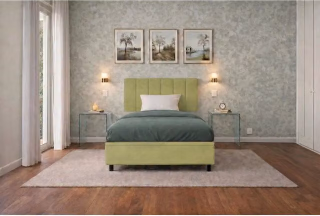 Letto imbottito Singolo 80x200 cm Vertical - Contenitore,Microfibra,Tè verde