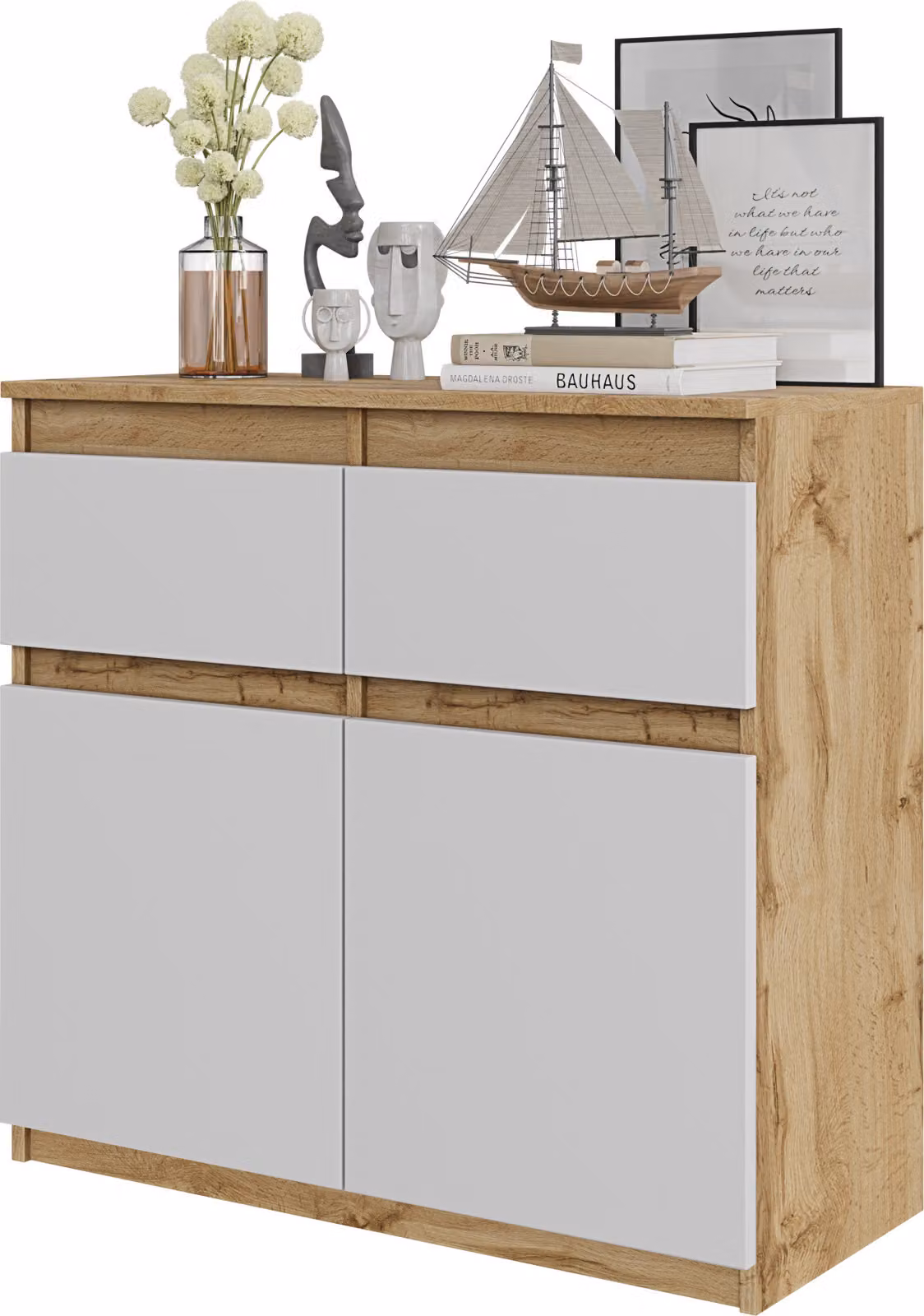 FURNICA - NOAH - Cassettiera / credenza con 2 cassetti e 2 ante - rovere Wotan / bianco opaco H75cm L80cm P35cm