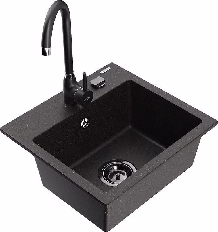Mexen Milo lavello da cucina in granito con 1 vasca e rubinetto Telma, nero/oro - 6505-75-670200-70-B
