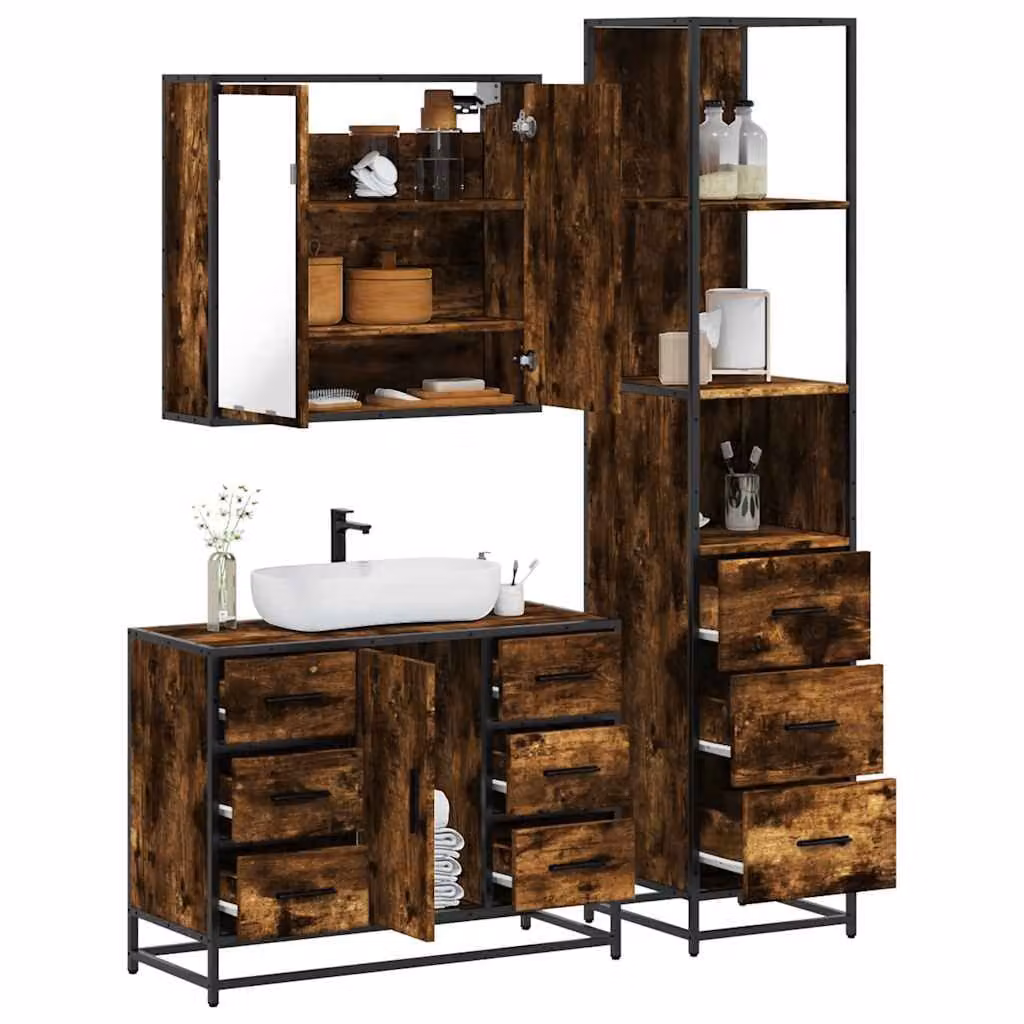 Set di mobili da bagno industrial vidaXL in legno e metallo marrone composto da mobile lavabo, armadietto alto e pensile con specchio L/P/H: 80 x 33 x 166 cm