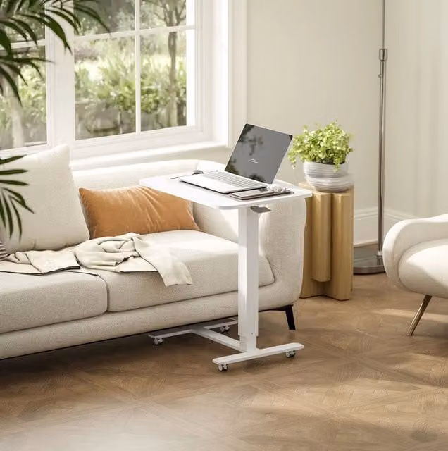 Scrivania mobile ULEVR 65x48 cm regolabile in altezza 70-110 cm con ruote bloccabili, acciaio bianco