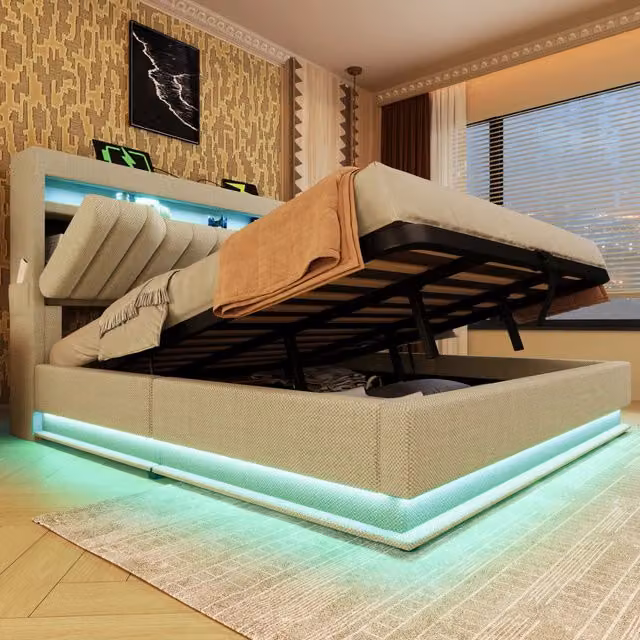 Letto imbottito 140x200 cm con contenitore idraulico, LED e USB-C in lino beige