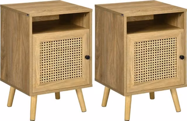 Set di 2 Comodini Moderni HOMCOM in Truciolato e Rattan Marrone con Armadietto e Ripiano Aperto, L 39 cm x P 35 cm x H 60 cm – 1
