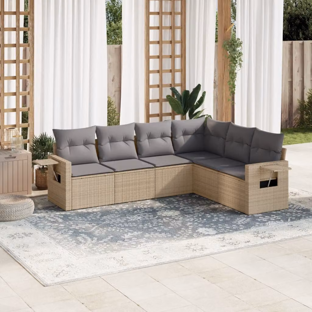 vidaXL Set Divano da Giardino a L 6 pz con Cuscini Beige e Tavolino in Polyrattan e Metallo – 1
