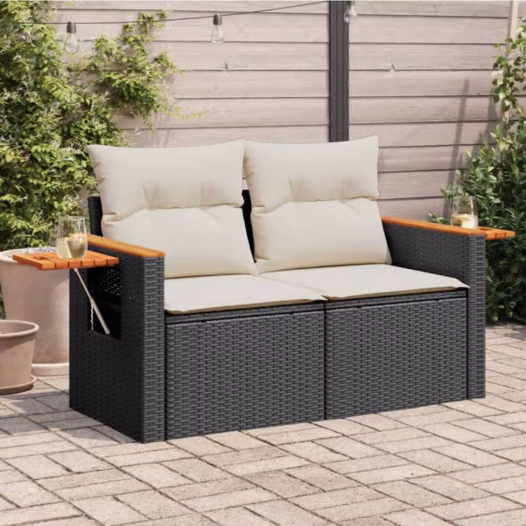 vidaXL Divano da Giardino a 2 Posti in Polyrattan con Cuscini Bianchi e Nero L: 124 cm, P: 69 cm, H: 62 cm