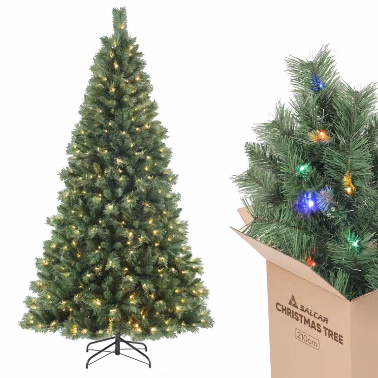Albero di Natale artificiale Salcar da 210 cm con illuminazione, 2 colori di luce (bianco caldo/colorato), albero di Natale a LED con telecomando incluso