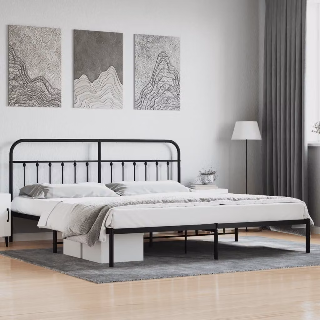 The Living Store Struttura letto con testiera in metallo nero 200x200 cm