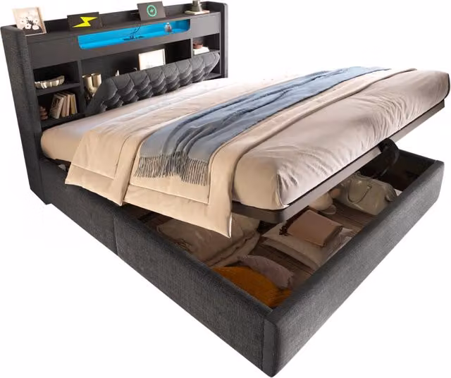 Letto matrimoniale 180x200 cm con contenitore idraulico; LED e USB-C; tessuto grigio