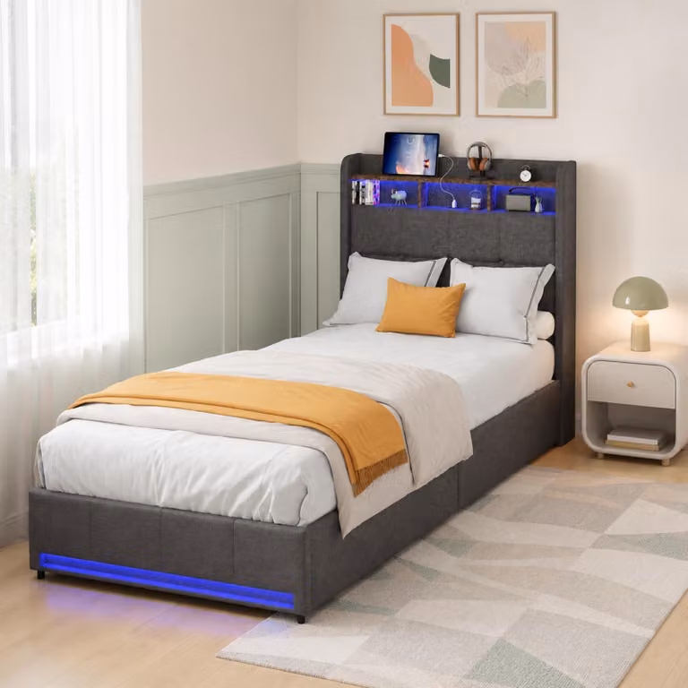 Letto imbottito INONEFT, 90x200 cm, tessuto in lino, colore grigio. Letto singolo con 4 cassetti e illuminazione LED. Testiera con spazio contenitore e porta USB Type-C. Letto funzionale per ragazzi, completo di rete