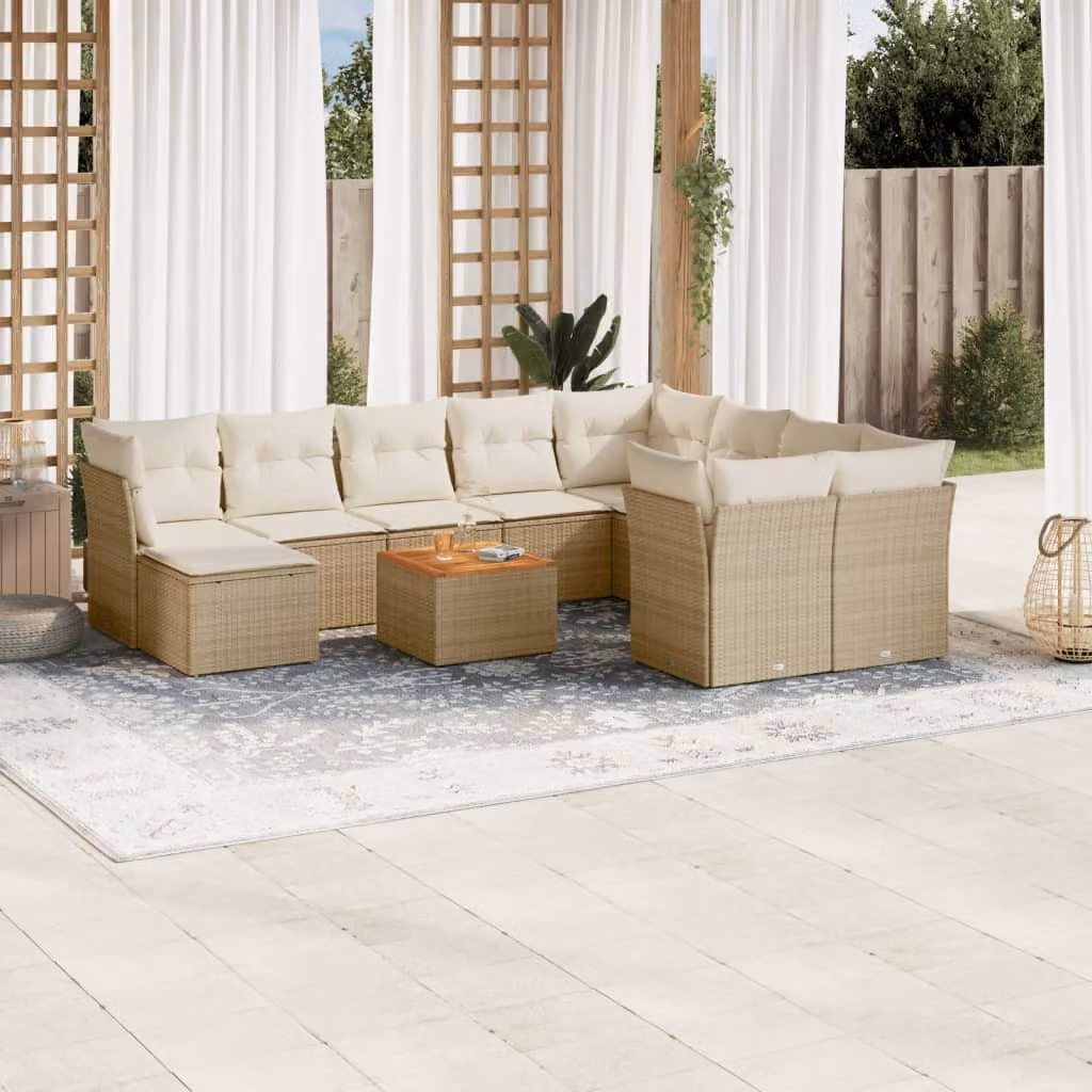 vidaXL Set Divani da Giardino 11 pz in Polyrattan con Cuscini Beige e Tavolino