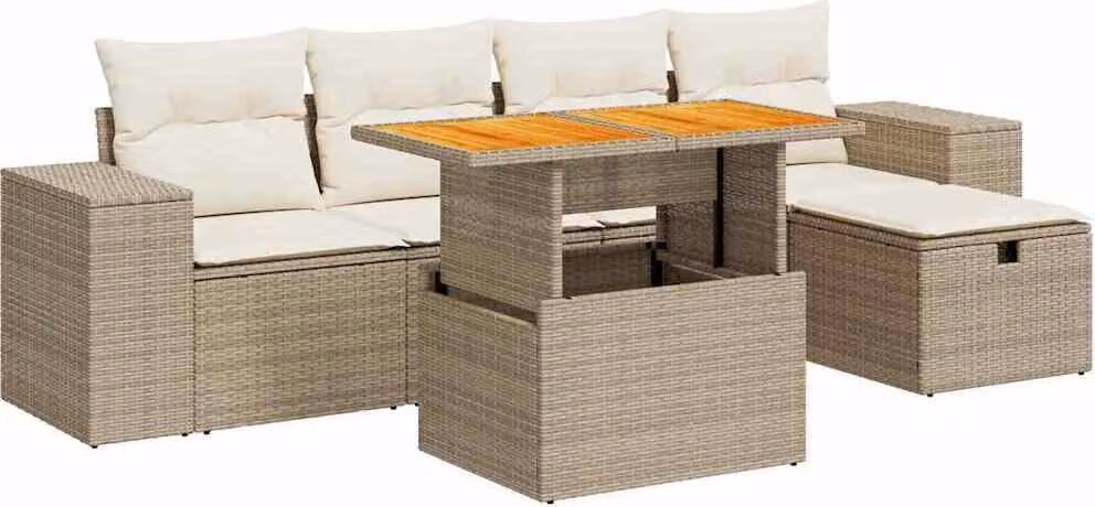 Set Divano da Giardino 6 pz con Cuscini Beige Polyrattan Acacia