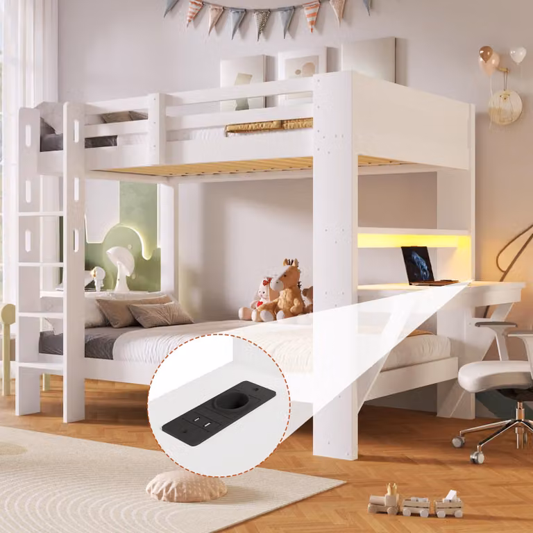 Letto a soppalco 90 x 200 cm con scrivania, barra luminosa LED, presa di corrente, porte USB e di tipo-C, ringhiera di sicurezza e mensole, realizzato in legno di pino/MDF, colore bianco