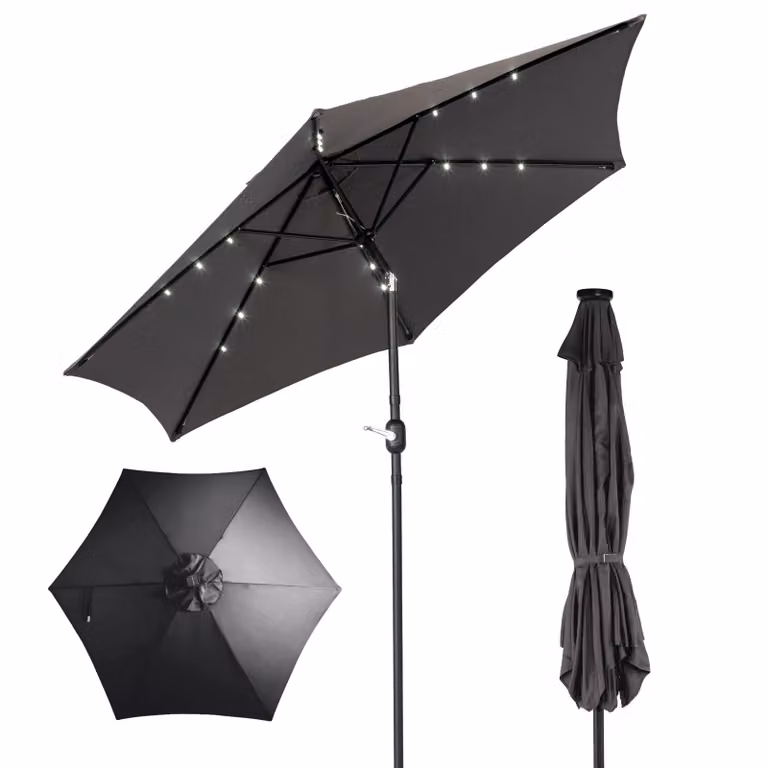 Ombrellone FCH, 266 cm di altezza, con illuminazione a LED solare, ombrellone da giardino da 9 piedi con manovella e inclinazione, protezione solare UPF 50+ impermeabile, ideale per giardino e terrazza, colore grigio