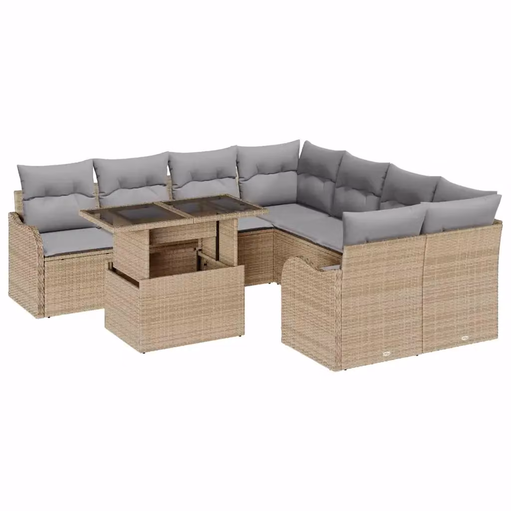 Set Divano da Giardino vidaXL a Forma a U in Polyrattan con Tavolino e Cuscini, 9 Pezzi, Beige e Grigio – 2