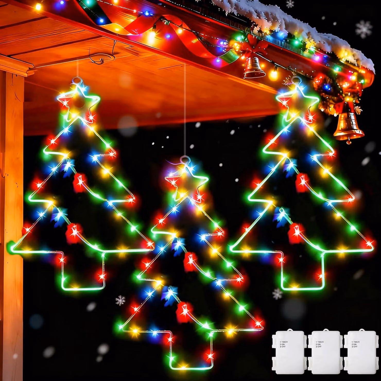 3 luci decorative a forma di albero di Natale per finestre, a LED, con timer, alimentate a batteria, grado di protezione IP65