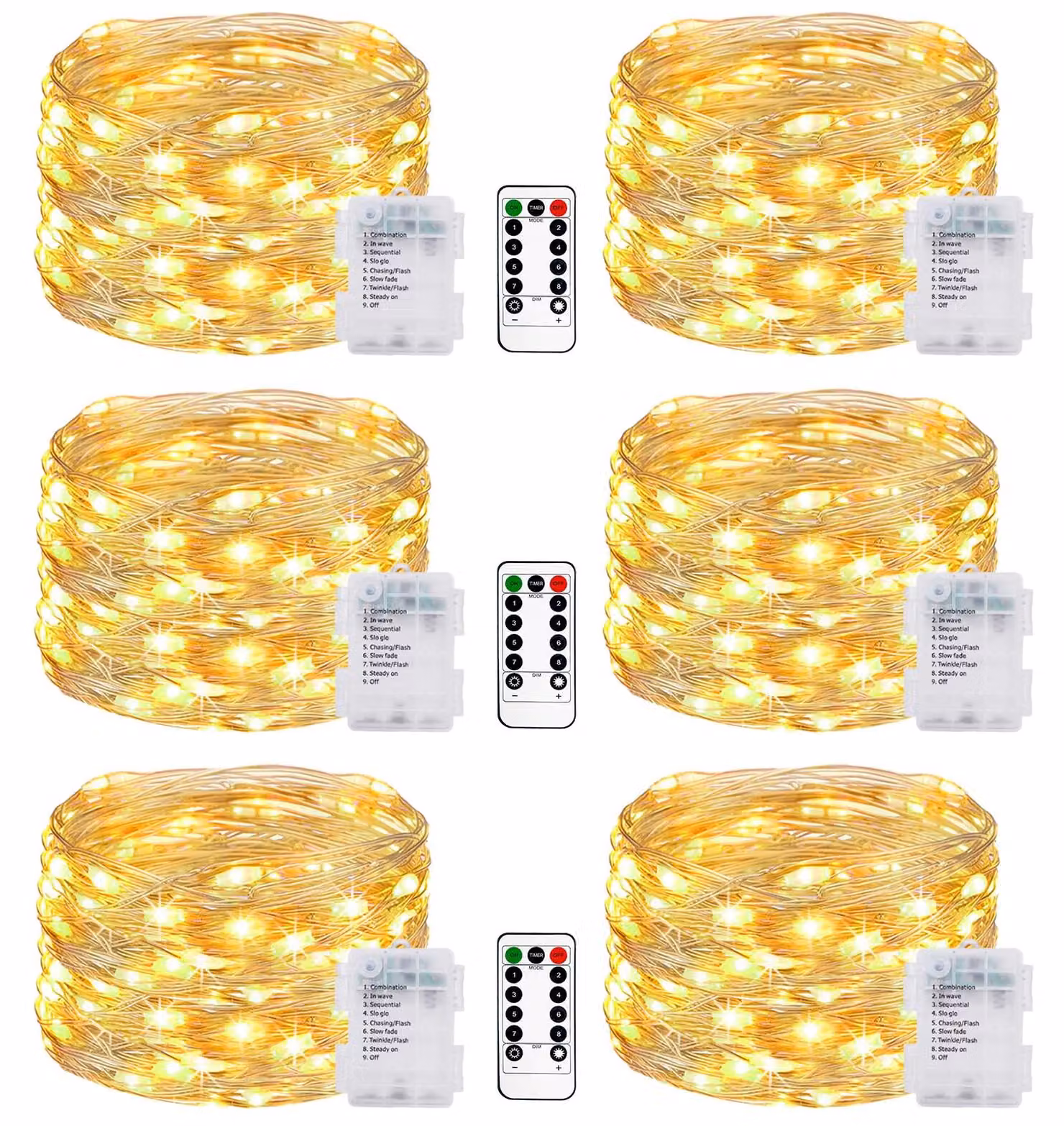 Set di 6 catene luminose da 5 metri, con 50 LED ciascuna, alimentate a batteria, luce bianco caldo, 8 modalità, timer