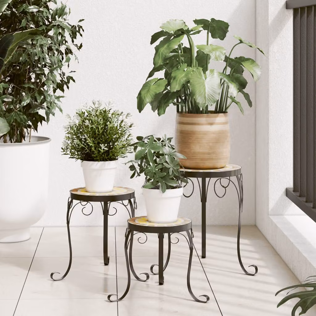 Set di 3 supporti per piante vidaXL in ceramica e acciaio, colori arancione e bianco