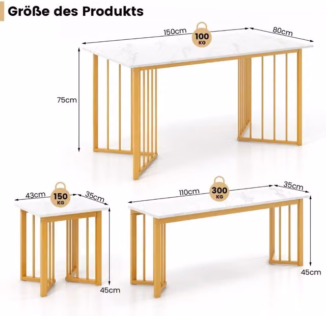 Set da Pranzo 4 Pezzi Tavolo Effetto Marmo Bianco con Panca e 2 Sgabelli Gambe in Metallo Oro Design Moderno Salvaspazio per Casa