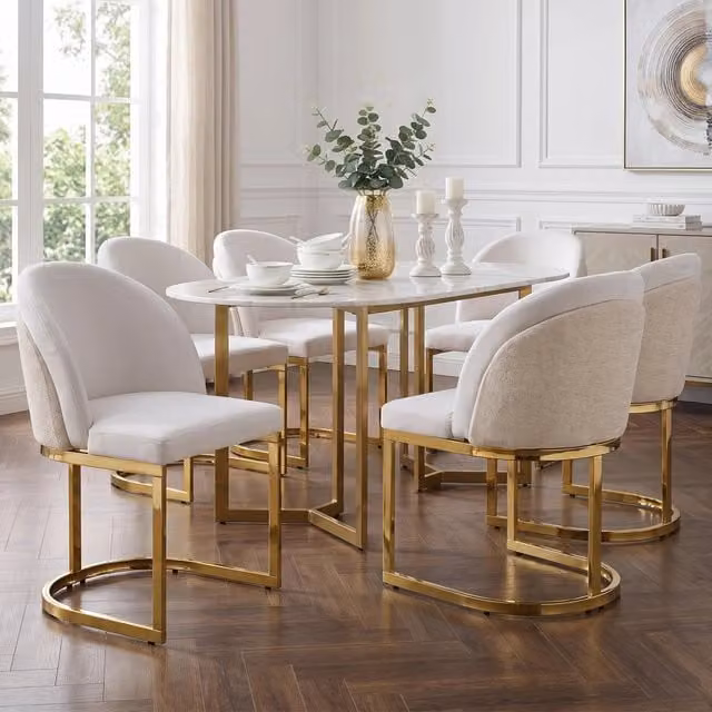 Set da 6 sedie da pranzo moderne REDOM in tessuto chenille beige e oro L/P/H: 59 x 52 x 85 cm