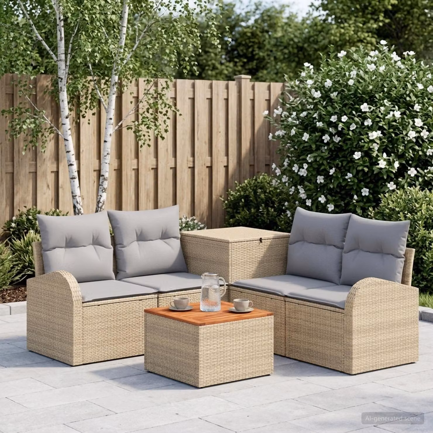 Set di divani da giardino vidaXL a forma di L composto da 6 pezzi con tavolino da caffè e pouf, colori beige e grigio, struttura in acciaio verniciato a polvere e tessuto resistente alle intemperie