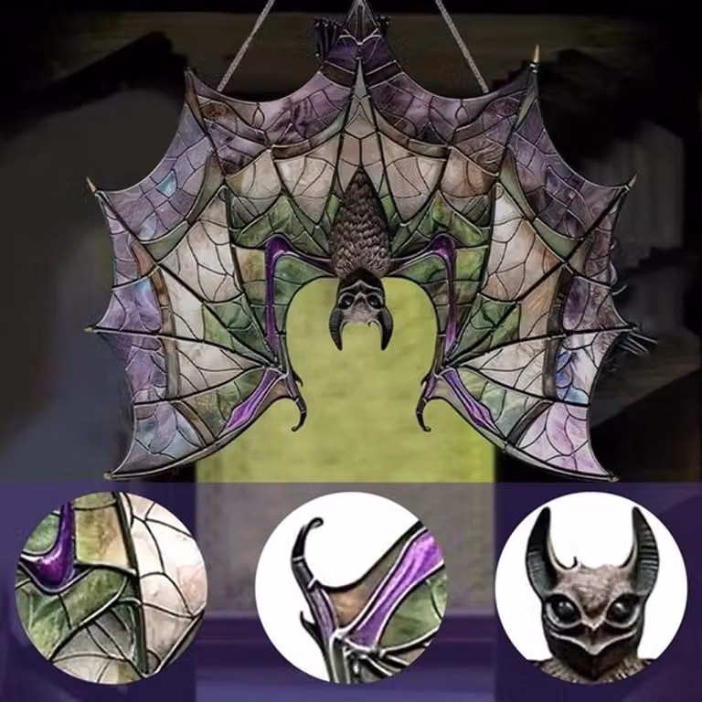 Decorazione gotica per finestre con pipistrello di Halloween, design elaborato e riflettore per creare un'atmosfera spettrale
