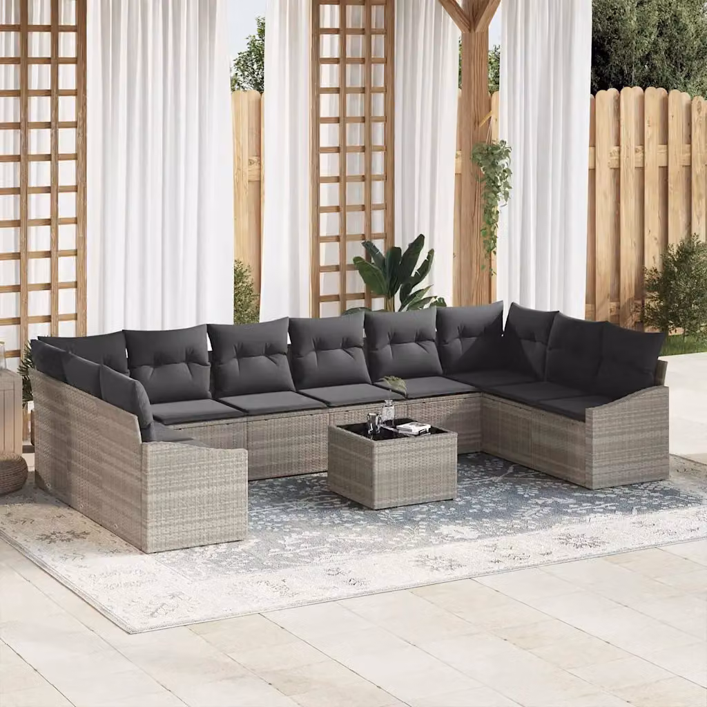 Set di divani da giardino vidaXL 11 pezzi a forma di U in rattan grigio con cuscini e tavolino da esterno – 1