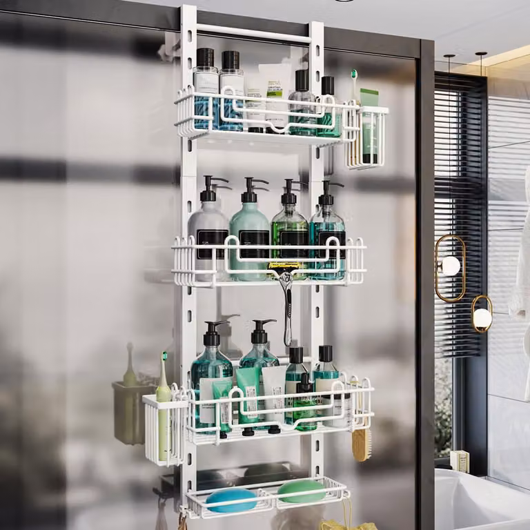 Organizzatore da doccia con 4 ripiani, da appendere, dotato di 22 ganci, 2 portaspazzolini, regolabile, colore bianco, ideale per il bagno
