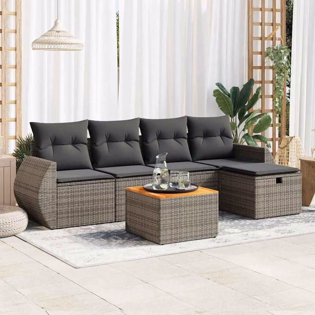Set Divano da Giardino vidaXL 6 pz in Polyrattan Grigio e Marrone con Cuscini e Tavolino da Esterno a Forma di L