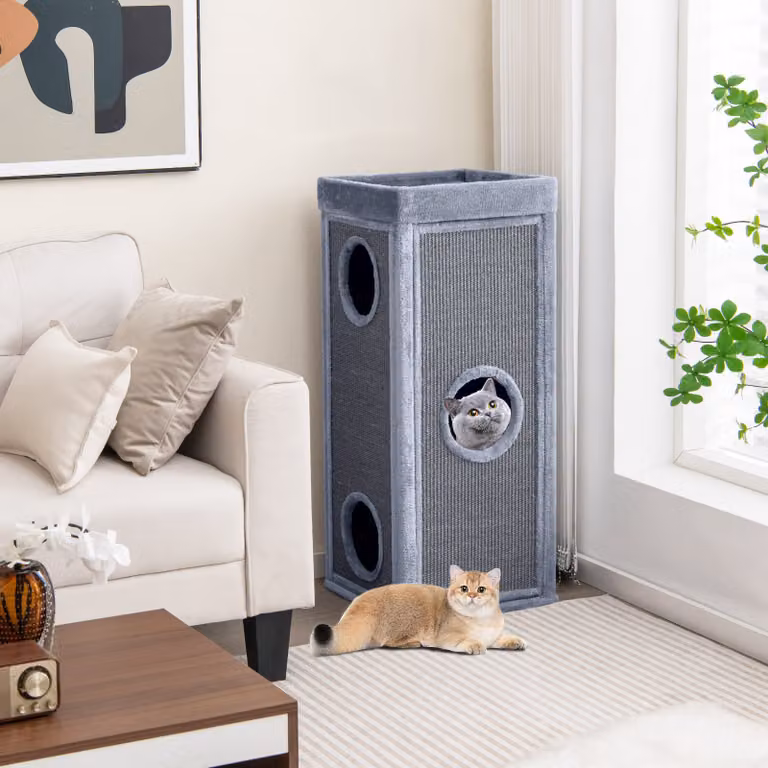 Costway Condominio per gatti a 4 piani con 3 nascondigli, 4 cuscini morbidi e tiragraffi, Grigio chiaro, Altezza: 99 cm