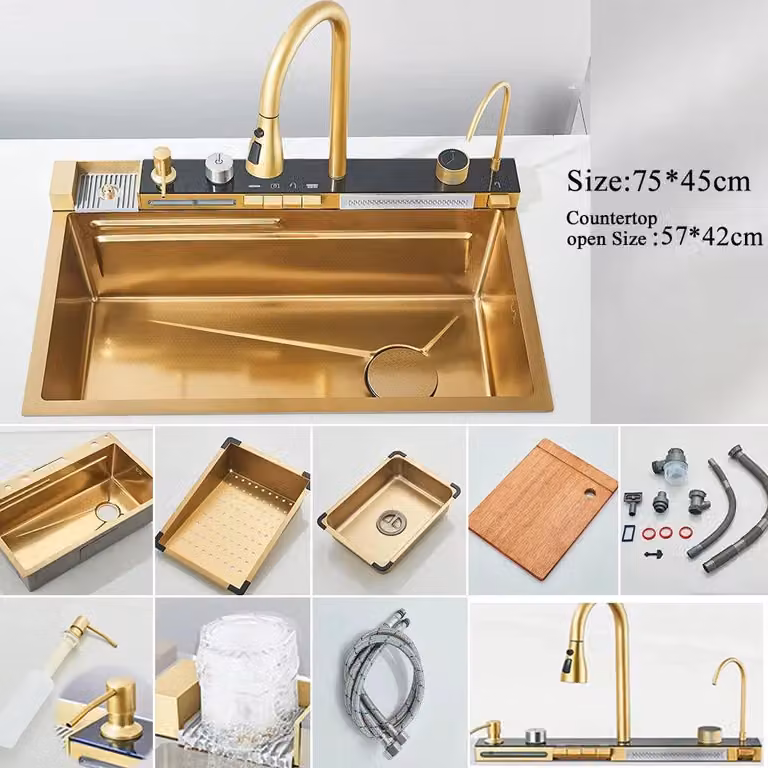 Lavello da cucina con rubinetto - Lavello in acciaio inossidabile da incasso con display digitale - Oro