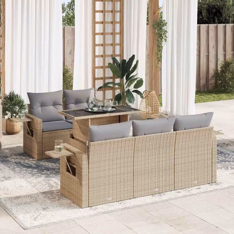 Set Divano da Giardino vidaXL 6 Pezzi a Forma di L con Cuscini Beige e Tavolino in Polyrattan e Acciaio