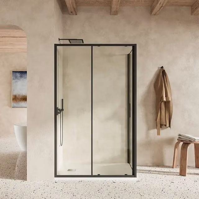 Box doccia slim 80x110cm con porta scorrevole e parete fissa profili nero opaco e vetro 6mm trasparente h190| Portofino