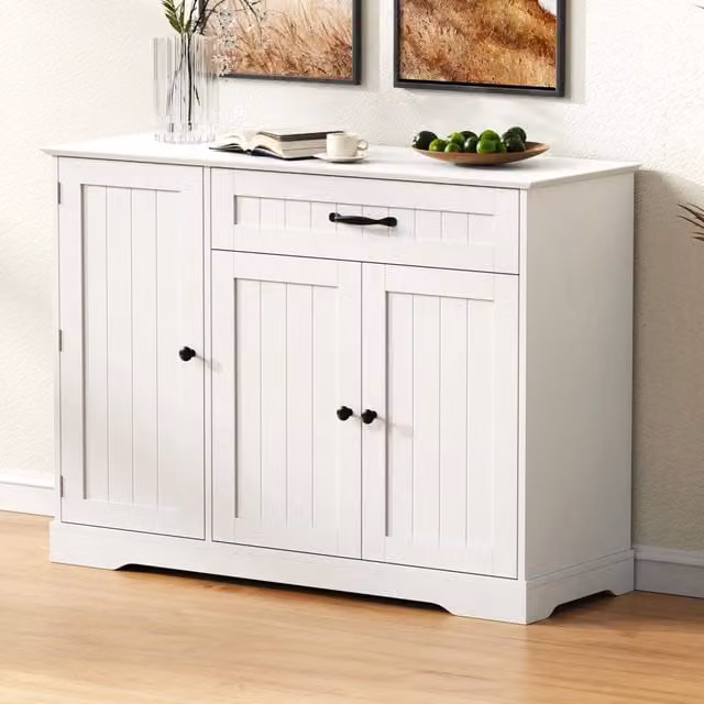 Credenza moderna OKWISH in MDF con 3 ante e 1 cassetto, finitura opaca bianca e nera, ideale per soggiorno, sala da pranzo e ingresso