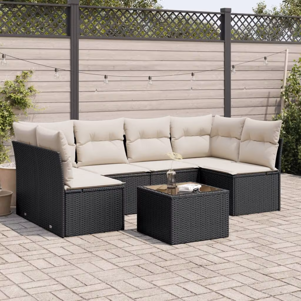 Set di divani da giardino vidaXL a forma di L con cuscini e tavolino, 7 pezzi in polyrattan nero – 1