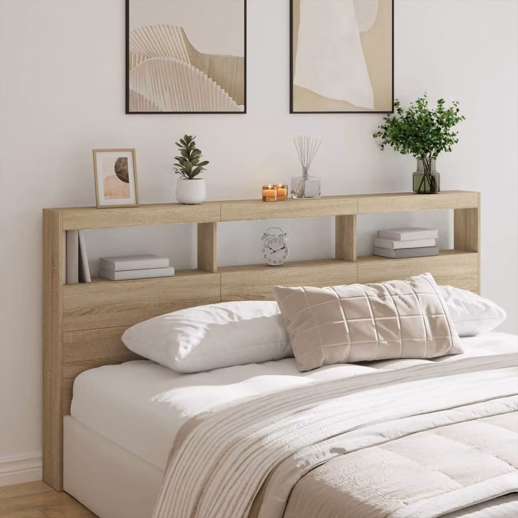 Testiera con Contenitore e Illuminazione LED vidaXL, Rovere Sonoma, L: 200 cm, P: 17 cm, H: 102 cm