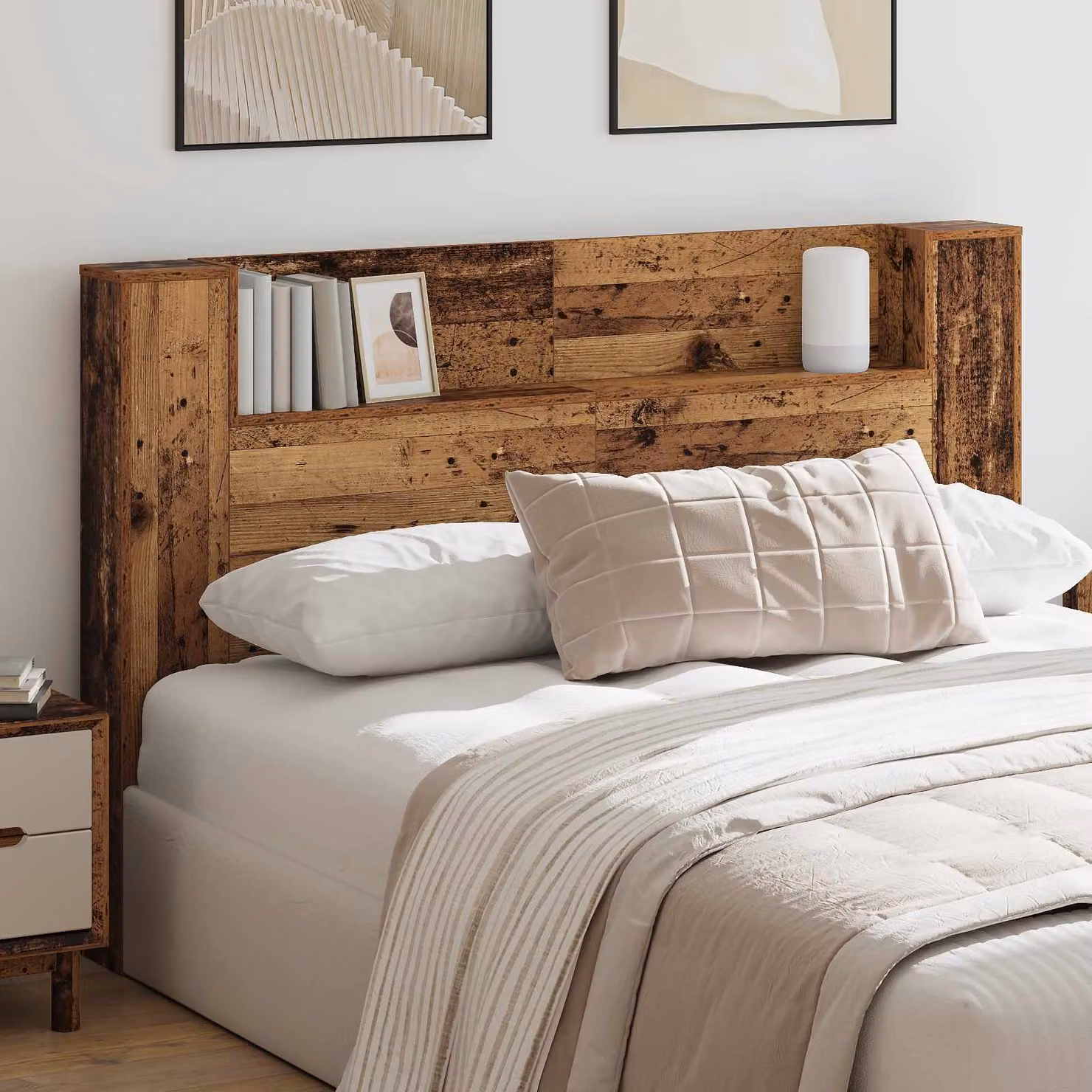 Testiera con stoccaggio e illuminazione LED vidaXL in legno antico marrone con ripiano e porta USB per letto 160 cm