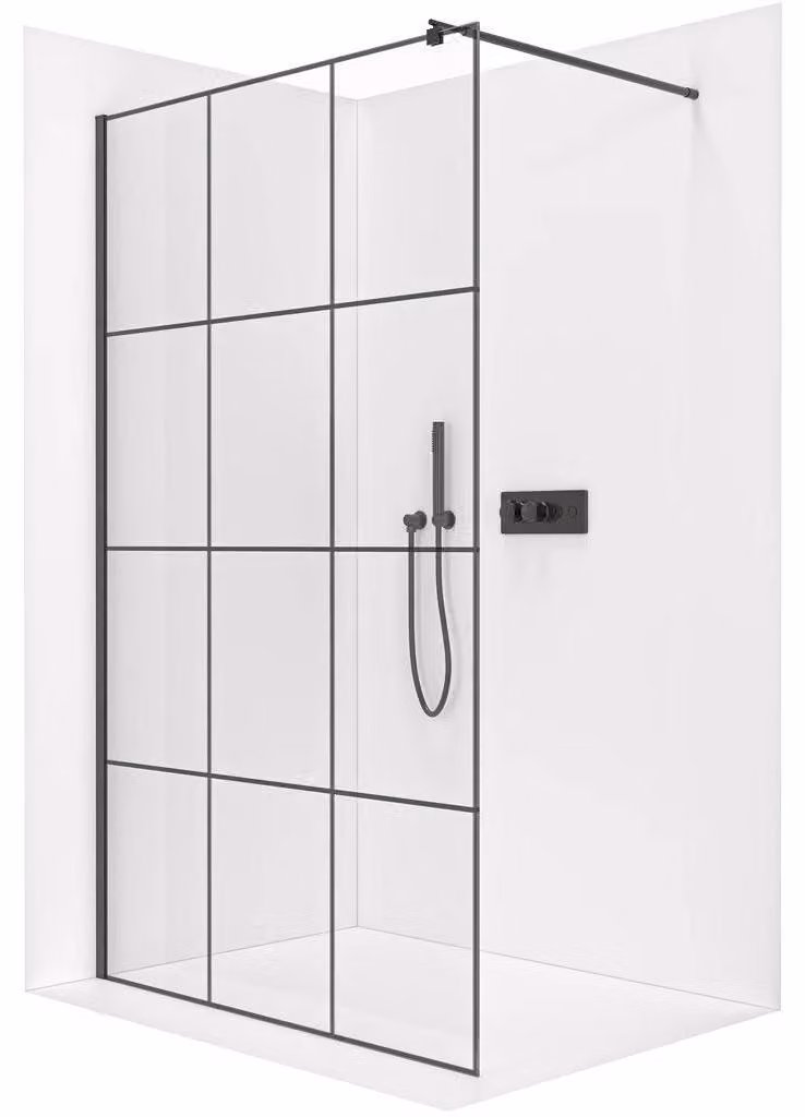 CERANO - Box doccia Walk-in Onyx Round L/P - 8 mm - montante rotondo - nero opaco, vetro industriale - 90x200 cm